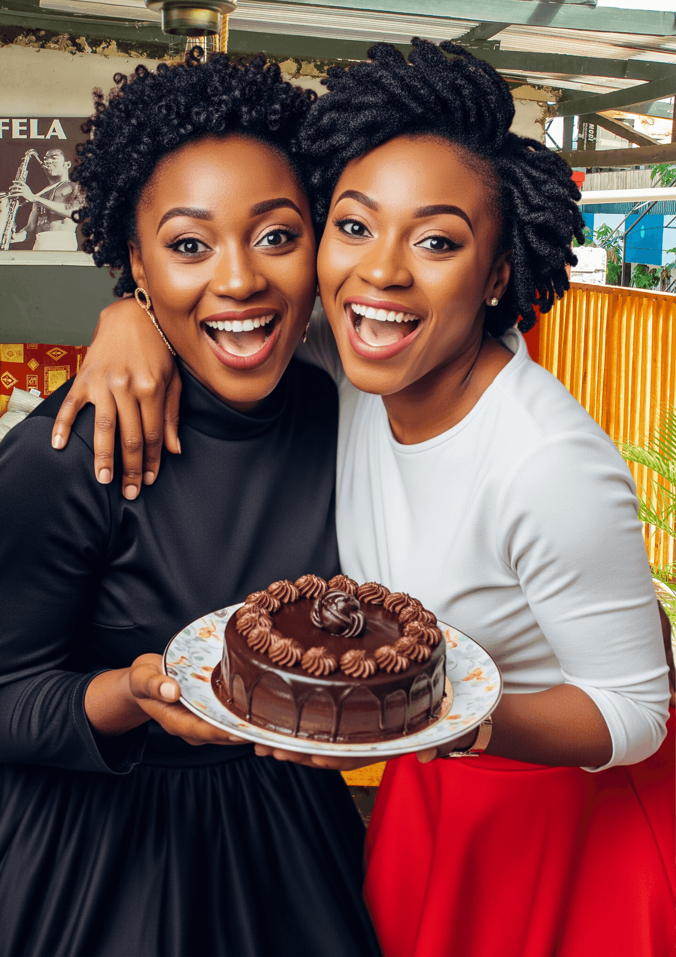 Two ladies customers of RosaBlu Hotel Kutus holding a birthday cake while hugging and smiling